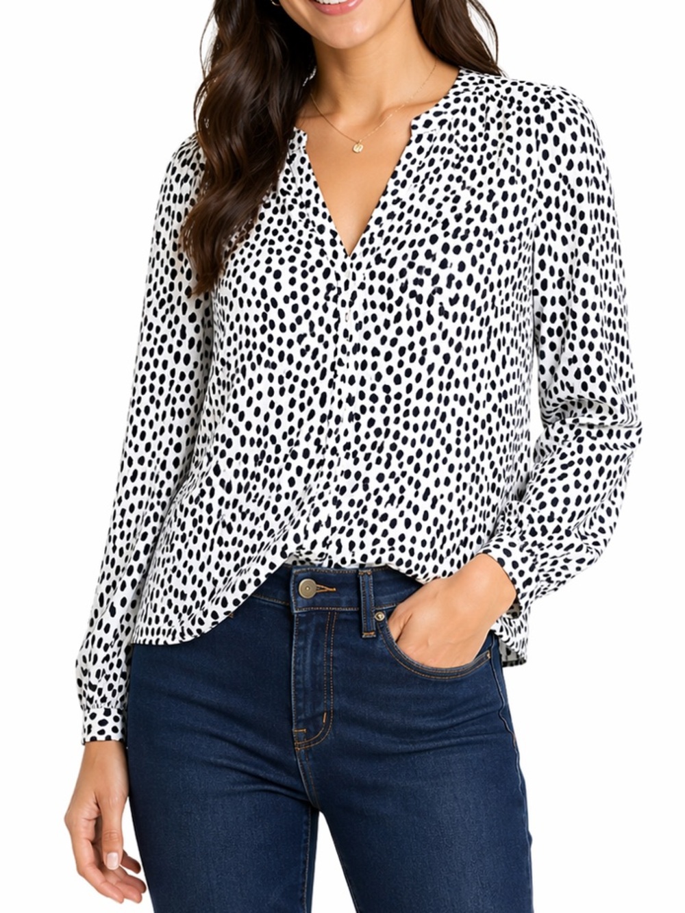 J. Crew Navy and White Spotted Blouse